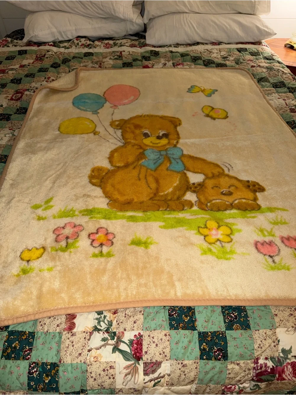 Vintage Teddy Bear Print Plush Mink 1980’s Baby Blanket - Brown, Blue,, Pink.